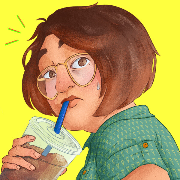 Avatar of an East Asian person with glasses sipping iced coffee