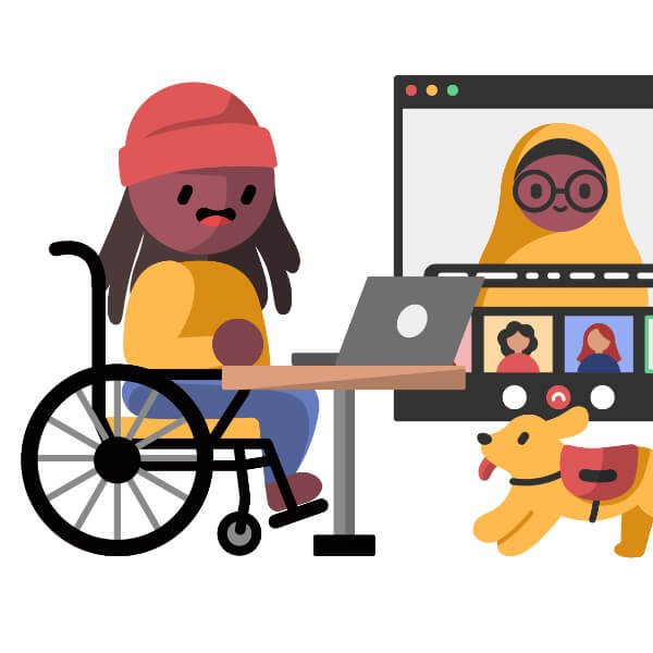 A brown skin person sits in a wheelchair at a desk with their laptop. In the background is a web meeting window with a brown skinned person wearing a Hijab.